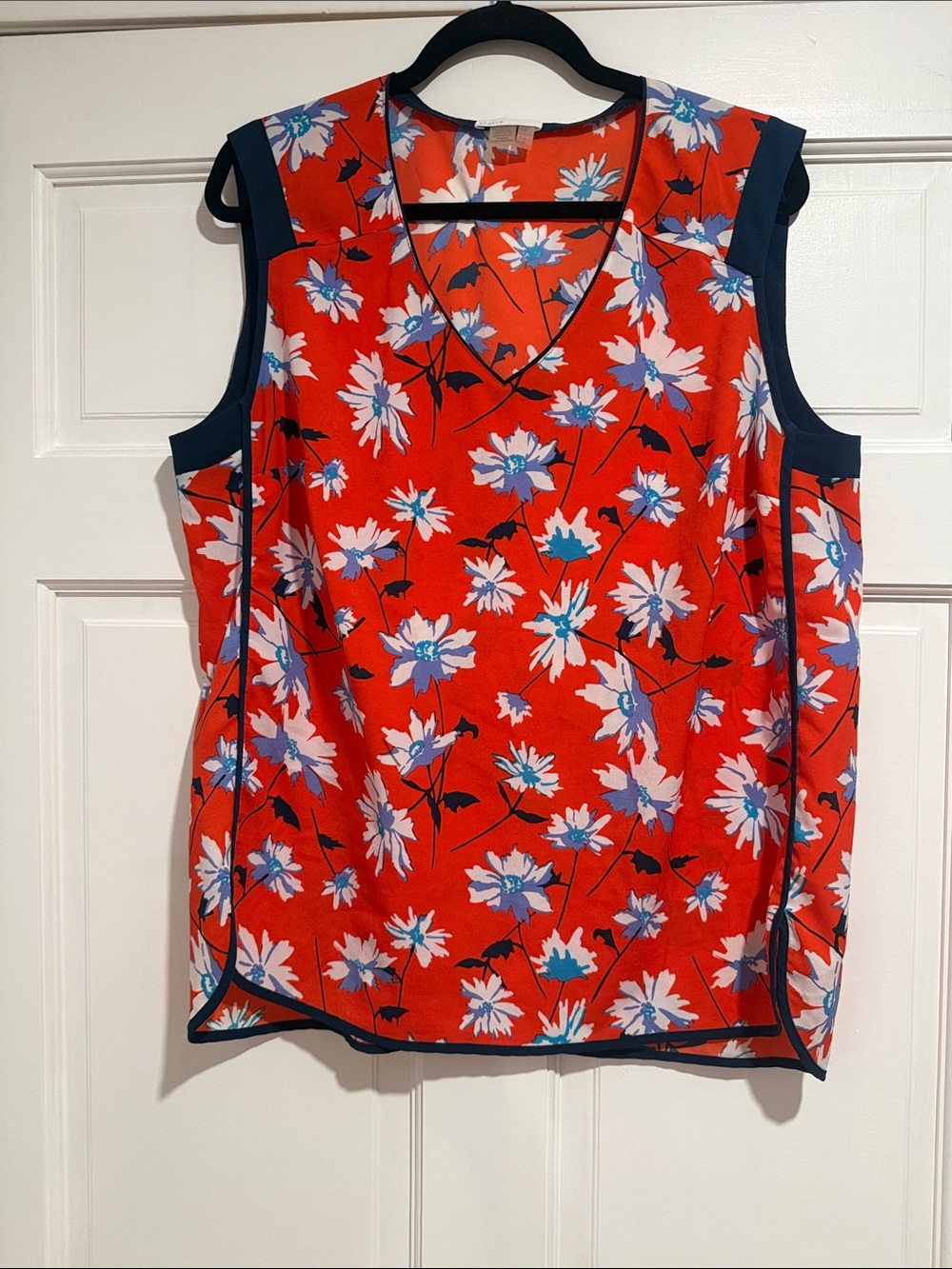 Dalia Red Floral V-Neck Sleeveless Tank with Navy Trim
